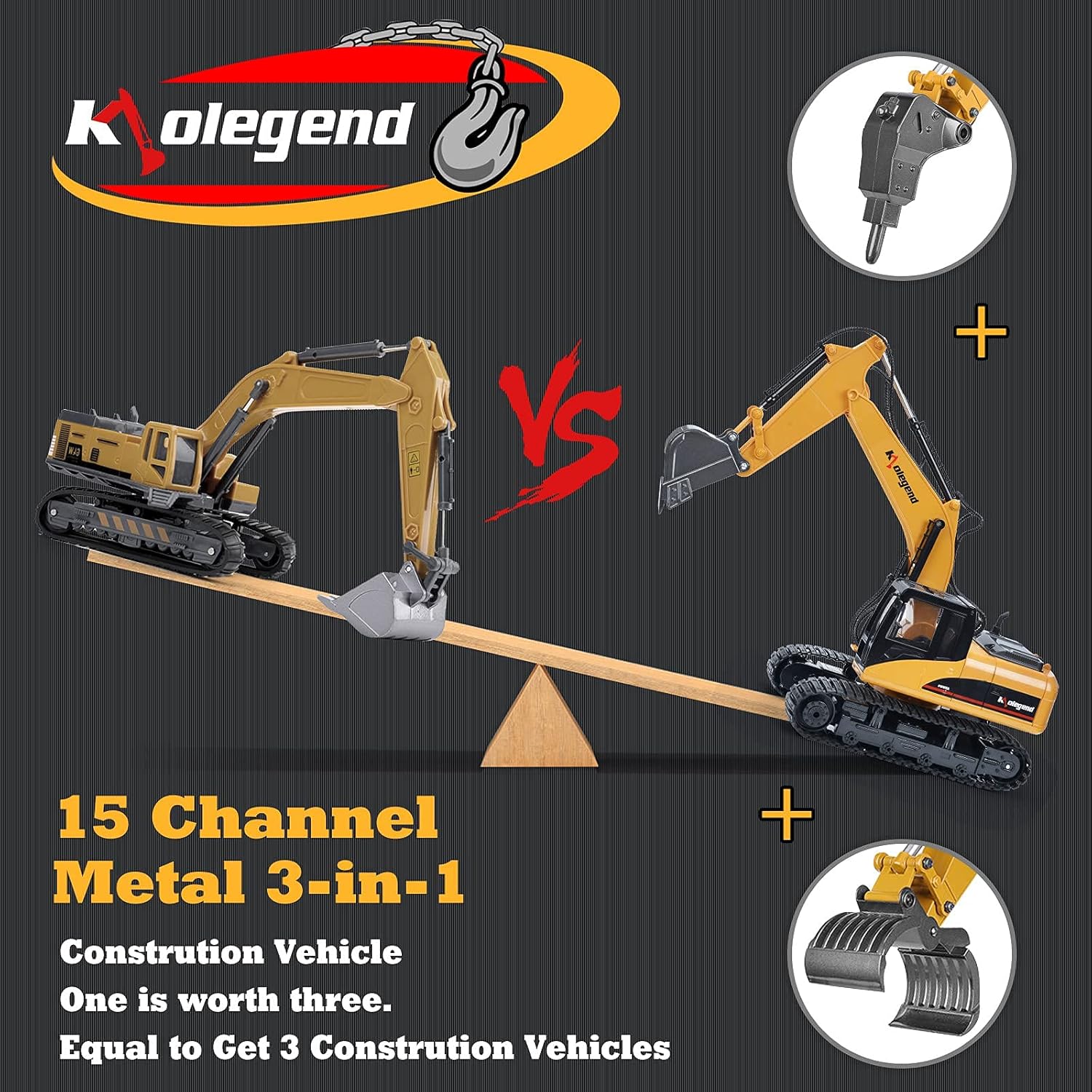 3 in 1 Remote Control Excavator with Metal Shovel, 15 Channel Construction Tractor P443637