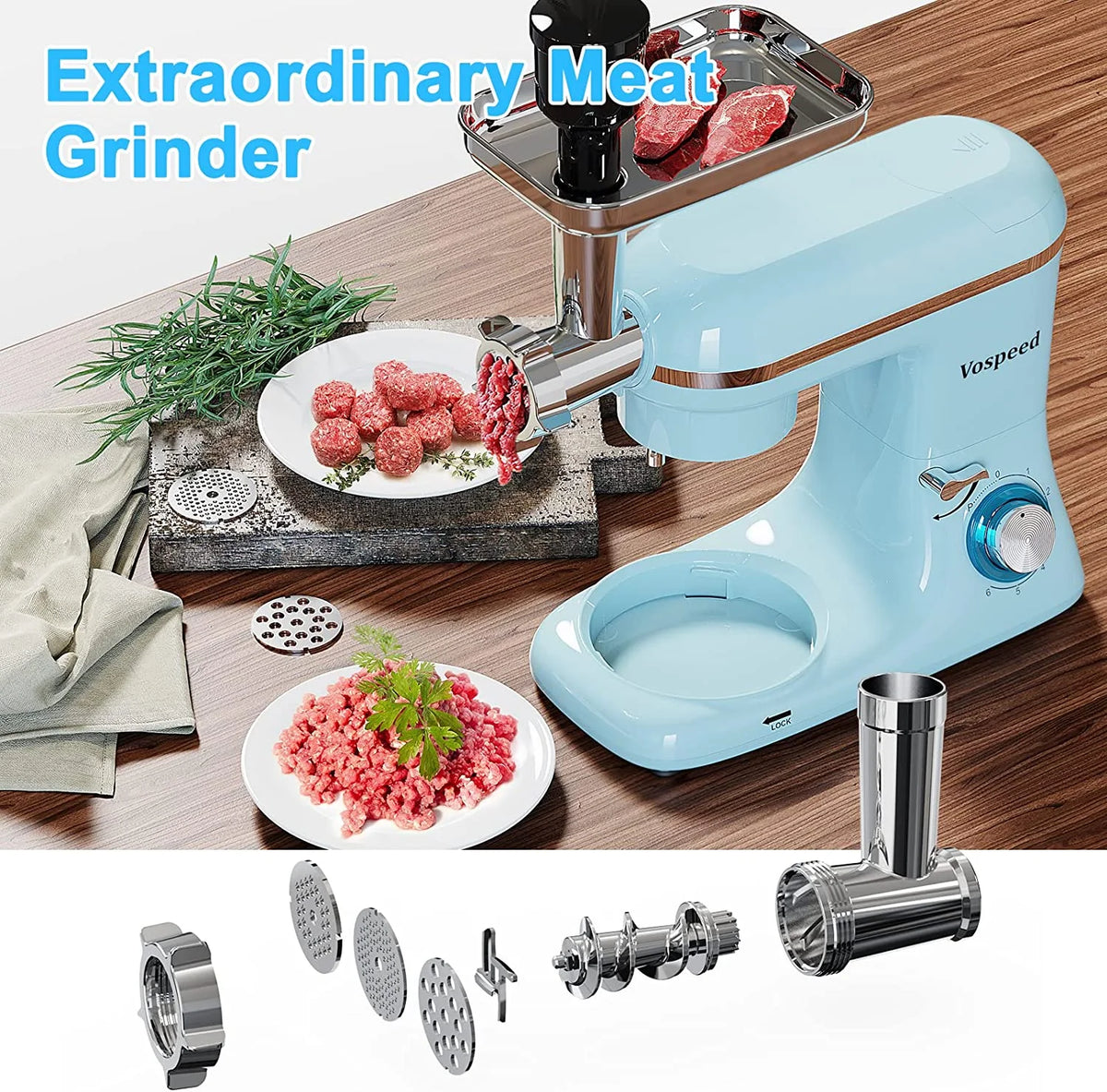 9 IN 1 Stand Mixer 850W Tilt-Head Electric Mixer with 7.5 QT Stainless Steel Bowl, Meat Grinder, Juice Blender with 1.5L Glass Jar - Blue F6973