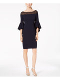 Navy Illusion Bell Sleeve Jewel Neck Sheath Dress T618