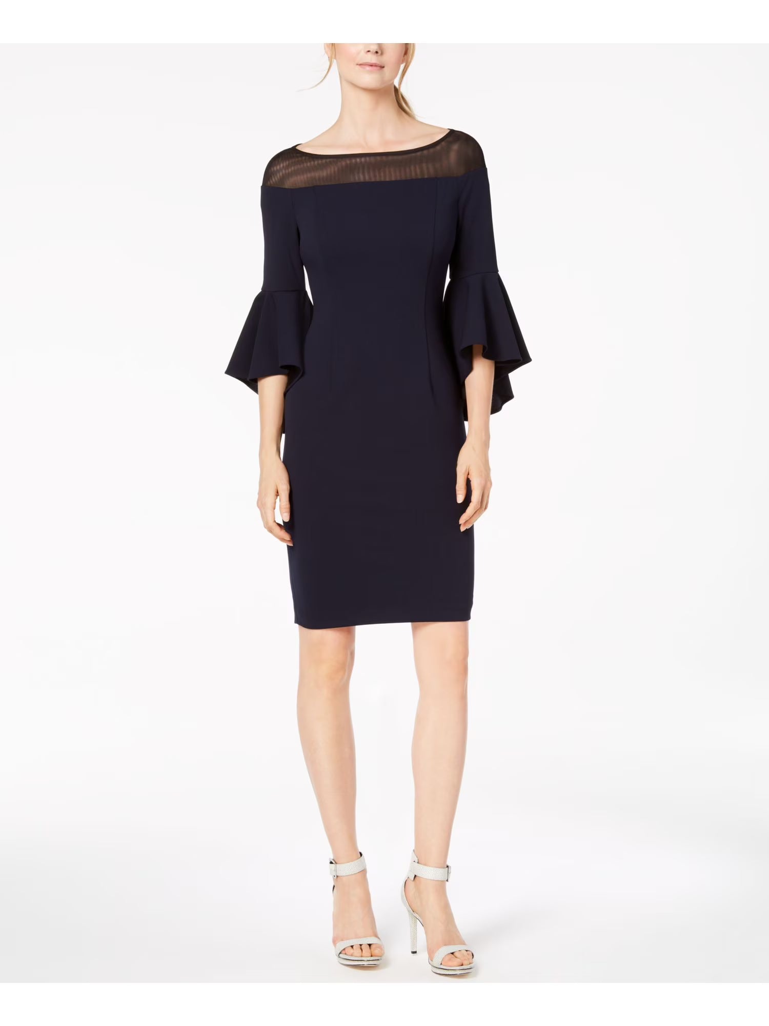 Navy Illusion Bell Sleeve Jewel Neck Sheath Dress T618
