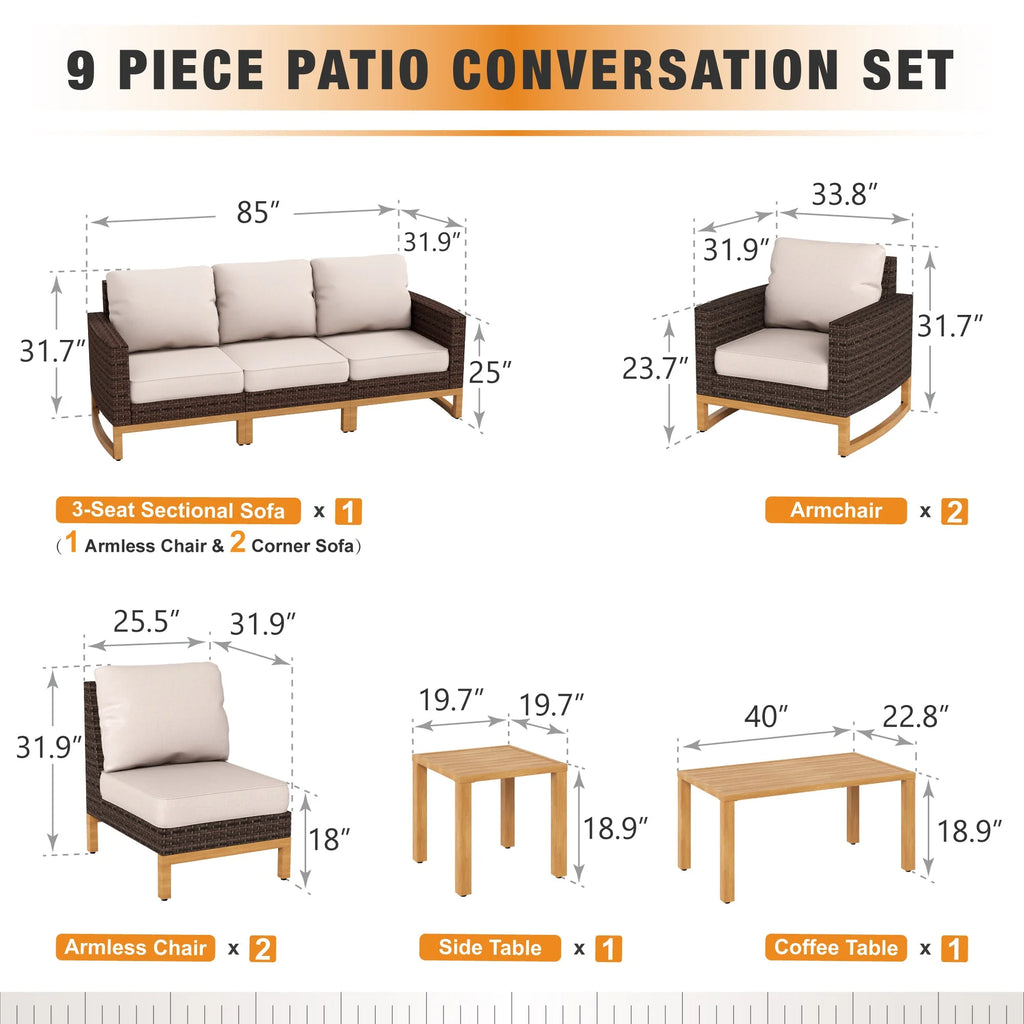 9 Piece Wicker Patio Conversation Sofa Set E43644