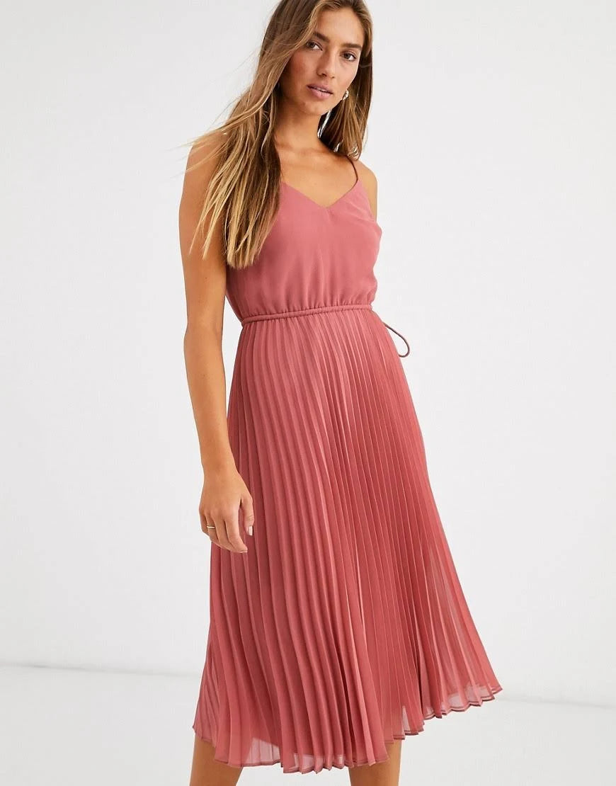 Dark Pink Pleated Cami Midi Dress with Drawstring Waist P6976