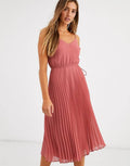 Dark Pink Pleated Cami Midi Dress with Drawstring Waist P6976