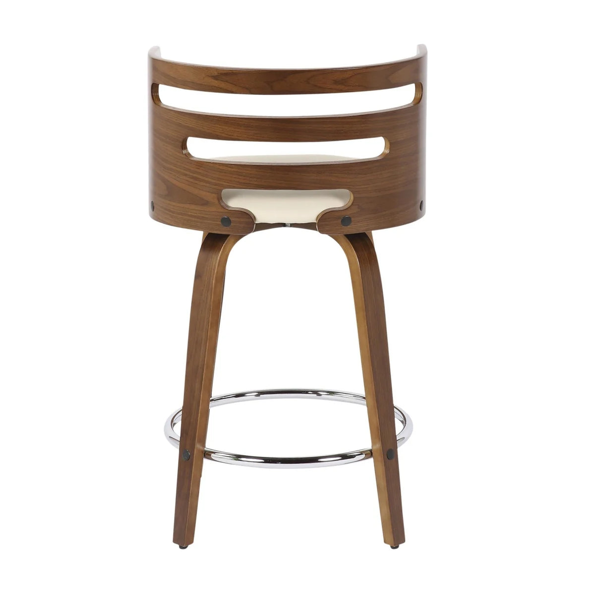 Mid-Century Modern Counter Stool With Swivel In Walnut And Cream Faux Leather - Set Of 2 N4723