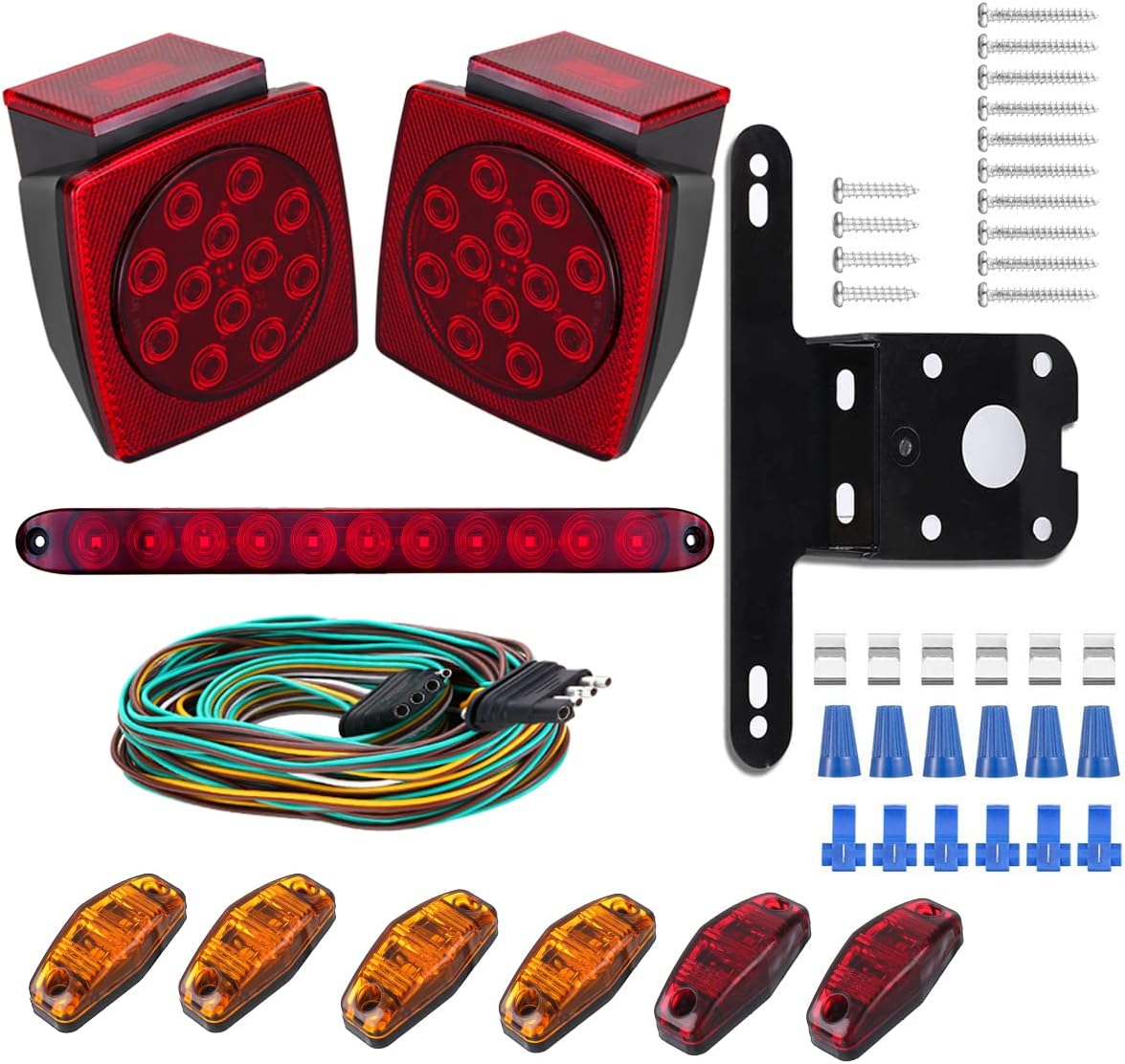 LED Trailer Lights Kit, Submersible Square Stop Turn Tail Lights, Red/Amber Side Marker Lights, 3rd Brake ID Light Bar, Pack of 2 A64198