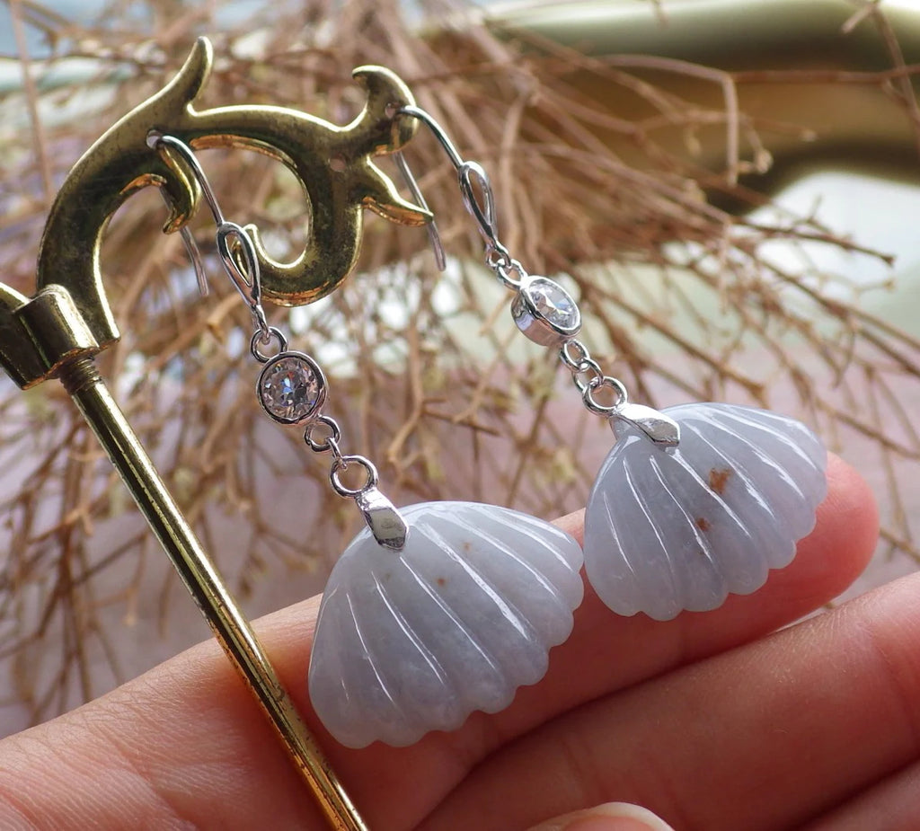 Sterling Silver 925 Hand Carved Jadeite Sea Shell Dangle Earrings D155