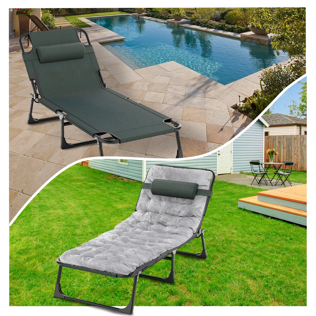 Folding Camping Cot Bed with Mat, Adjustable 4 Position Heavy Duty Outdoor Lounge Chair N5612