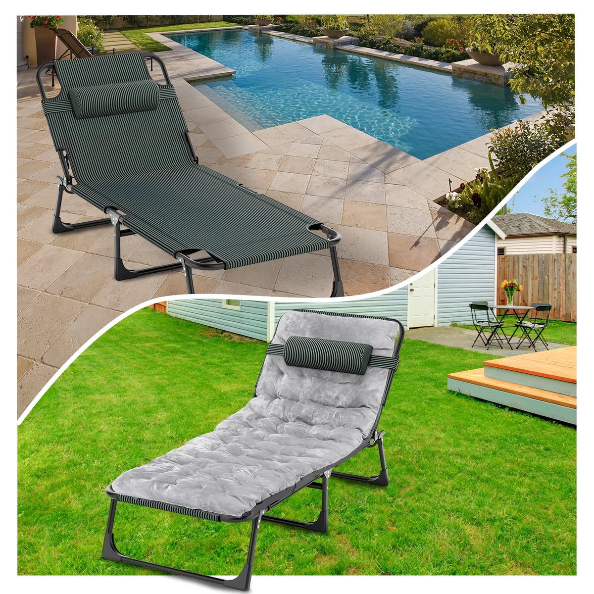 Folding Camping Cot Bed with Mat, Adjustable 4 Position Heavy Duty Outdoor Lounge Chair N5612