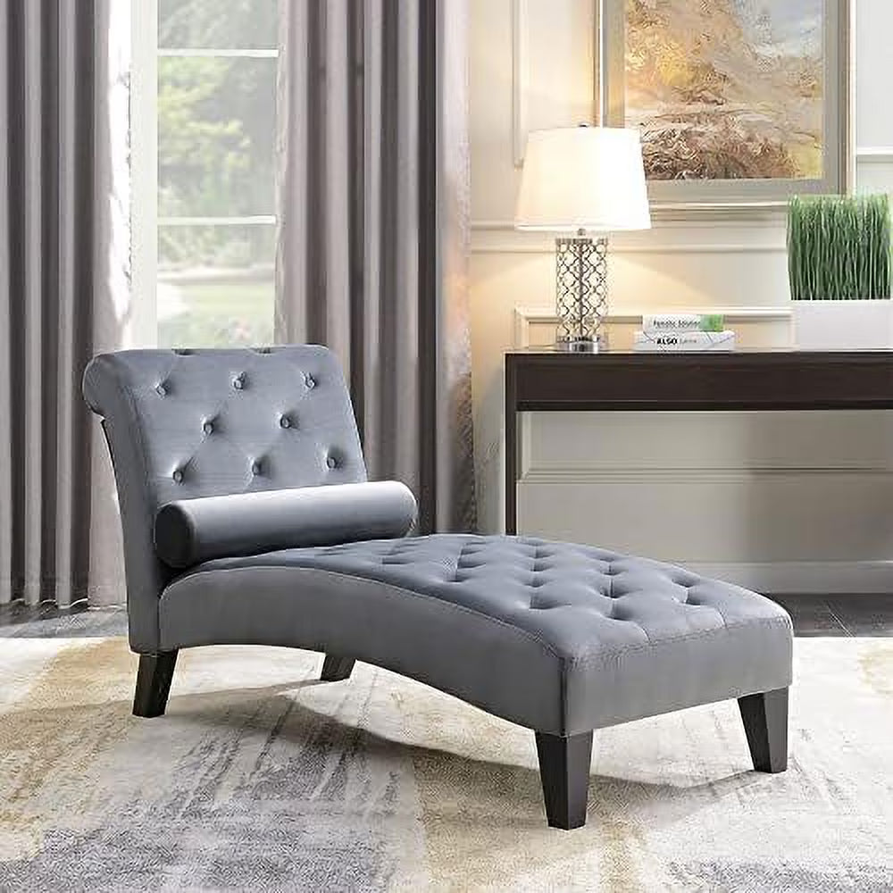 Beige Upholstered Chaise Lounge Sofa with Button Tufted Back and Hardwood Legs Q96778