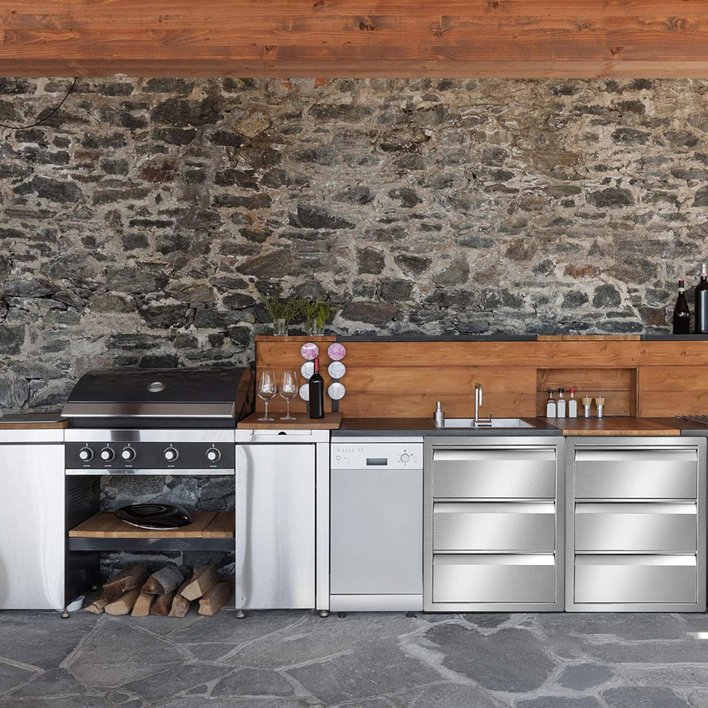 Stainless Steel Double Access BBQ Drawers Box Frame Style Flush Mount Outdoor Kitchen Storage Double Drawers D573459