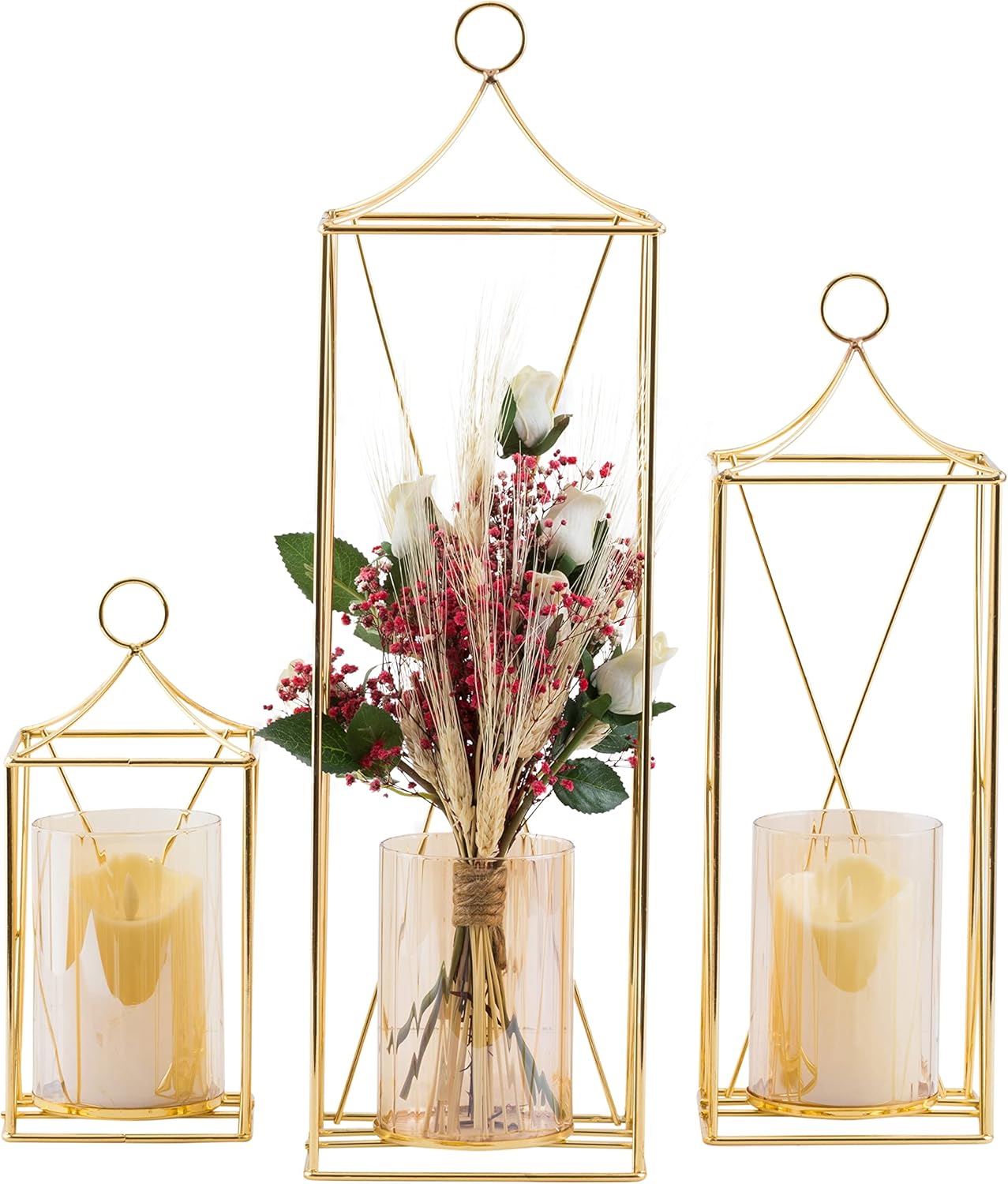 Set of 3 Gold Decorative Tall Lanterns with Candle Holder N1934